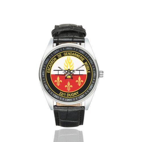Men's casual watch with a round dial featuring the EGM 22-1 Dugny emblem, silver-tone case and black leather strap.