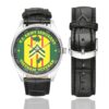 Men's casual watch with a round dial featuring the US Army Sergeant Vietnam Veteran emblem, silver-tone case and black leather strap, shown with the strap to the side.