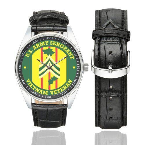 Men's casual watch with a round dial featuring the US Army Sergeant Vietnam Veteran emblem, silver-tone case and black leather strap, shown with the strap to the side.