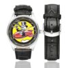 Men's casual watch with a round dial featuring the USAF 85th Tactical Fighter Squadron emblem, silver-tone case and black leather strap, shown with the strap to the side.