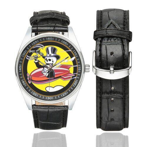 Men's casual watch with a round dial featuring the USAF 85th Tactical Fighter Squadron emblem, silver-tone case and black leather strap, shown with the strap to the side.