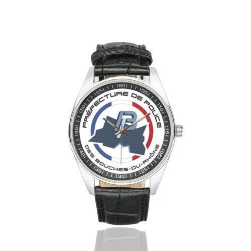 Men's casual watch with a round dial featuring the préfecture de police des bouches du Rhône 2 emblem, silver-tone case and black leather strap.