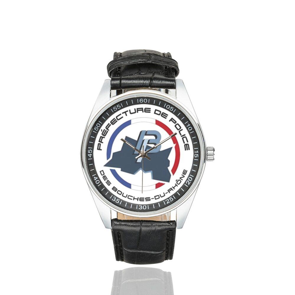 Men's casual watch with a round dial featuring the préfecture de police des bouches du Rhône 2 emblem, silver-tone case and black leather strap.