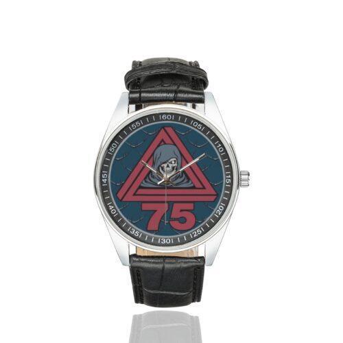 Men's casual watch with a round dial featuring the US Space Force 75th ISR Squadron emblem, silver-tone case and black leather strap.