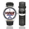 Men's casual watch with a round dial featuring the USAF F-16D Fighter Jet emblem, silver-tone case and black leather strap, shown with the strap to the side.