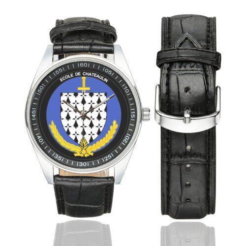 Men's casual watch with a round dial featuring the EG Chateaulin emblem, silver-tone case and black leather strap, shown with the strap to the side.