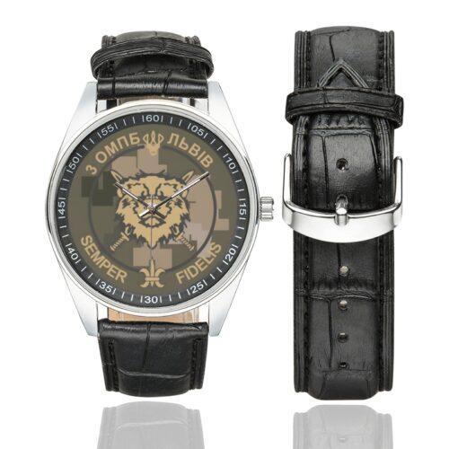 Men's casual watch with a round dial featuring the Ukraine 3rd Separate Motorized Battalion Volya emblem, silver-tone case and black leather strap, shown with the strap to the side.