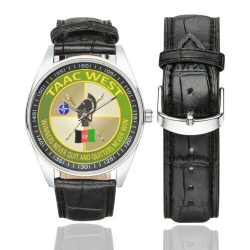 Men's casual watch with a round dial featuring the Train, Advise, and Assist Command - West TAAC-W emblem, silver-tone case and black leather strap, shown with the strap to the side.
