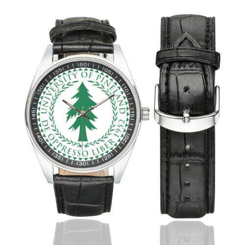 Men's casual watch with a round dial featuring the Special Forces Pineland - Robin Sage emblem, silver-tone case and black leather strap, shown with the strap to the side.