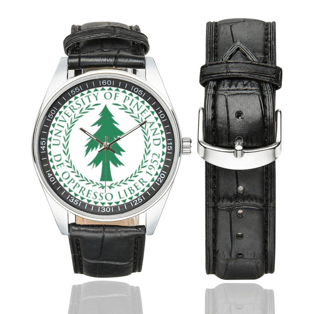 Men's casual watch with a round dial featuring the Special Forces Pineland - Robin Sage emblem, silver-tone case and black leather strap, shown with the strap to the side.
