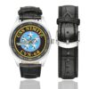 Men's casual watch with a round dial featuring the s-l1600 emblem, silver-tone case and black leather strap, shown with the strap to the side.