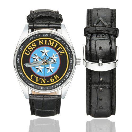 Men's casual watch with a round dial featuring the s-l1600 emblem, silver-tone case and black leather strap, shown with the strap to the side.