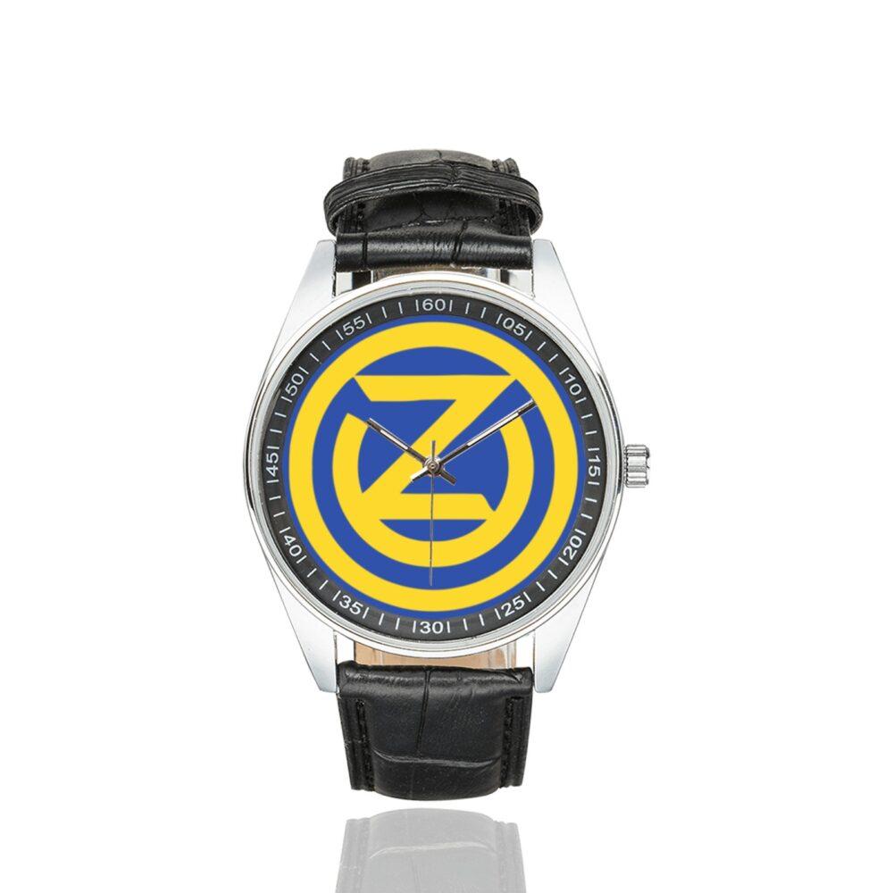 Men's casual watch with a round dial featuring the 102 INF DIV SSI emblem, silver-tone case and black leather strap.