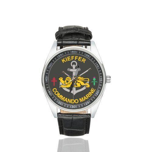 Men's casual watch with a round dial featuring the Commando Marine Kieffer emblem, silver-tone case and black leather strap.