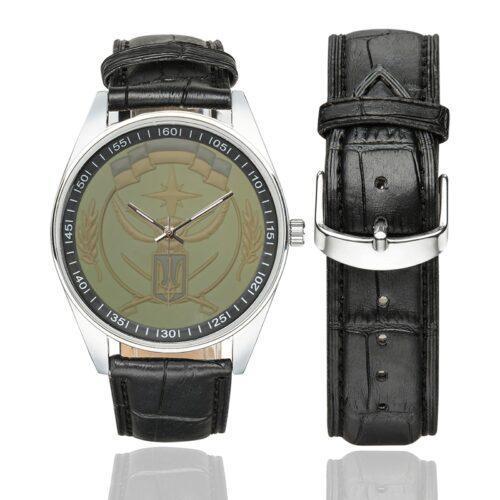 Men's casual watch with a round dial featuring the 10th Special Purpose Detachment emblem, silver-tone case and black leather strap, shown with the strap to the side.