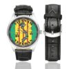 Men's casual watch with a round dial featuring the US Army Air Cavalry Vietnam Veteran emblem, silver-tone case and black leather strap, shown with the strap to the side.