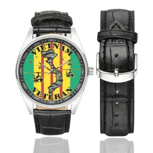 Men's casual watch with a round dial featuring the US Army Air Cavalry Vietnam Veteran emblem, silver-tone case and black leather strap, shown with the strap to the side.