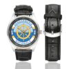 Men's casual watch with a round dial featuring the CGVN emblem, silver-tone case and black leather strap, shown with the strap to the side.