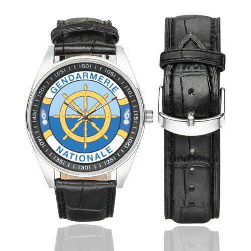Men's casual watch with a round dial featuring the CGVN emblem, silver-tone case and black leather strap, shown with the strap to the side.