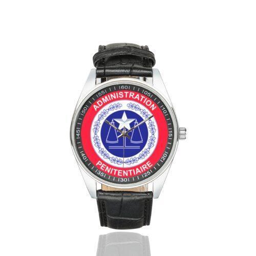 Men's casual watch with a round dial featuring the Administration Pénitentiaire emblem, silver-tone case and black leather strap.