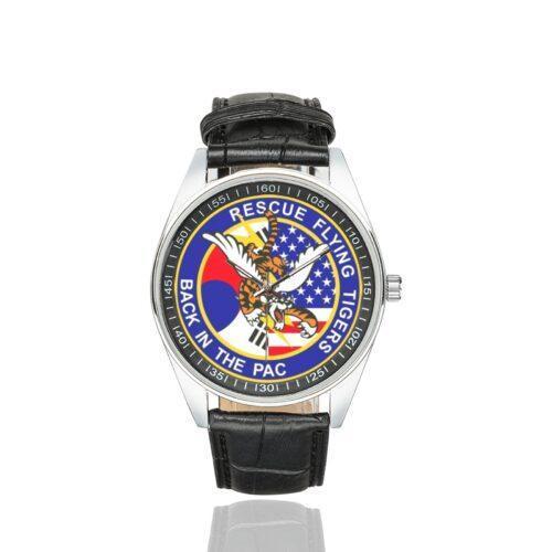 Men's casual watch with a round dial featuring the USAF 74th Fighter Squadron Masshole Eagle Driver-- emblem, silver-tone case and black leather strap.