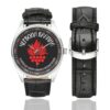 Men's casual watch with a round dial featuring the Ukraine Chervona kalyna brigade emblem, silver-tone case and black leather strap, shown with the strap to the side.