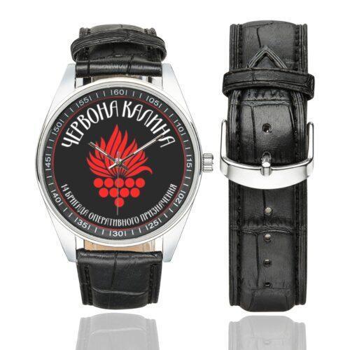 Men's casual watch with a round dial featuring the Ukraine Chervona kalyna brigade emblem, silver-tone case and black leather strap, shown with the strap to the side.