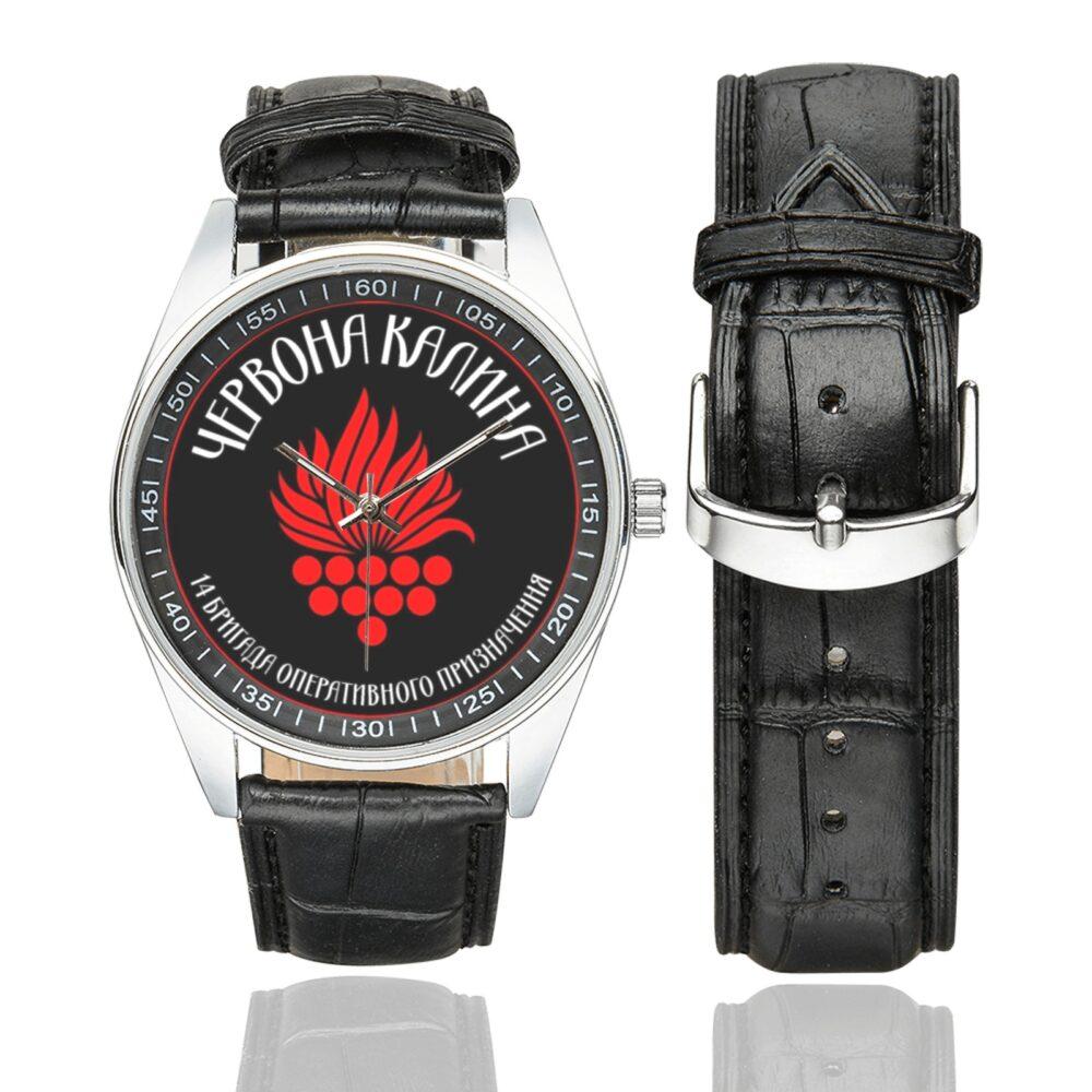 Men's casual watch with a round dial featuring the Ukraine Chervona kalyna brigade emblem, silver-tone case and black leather strap, shown with the strap to the side.