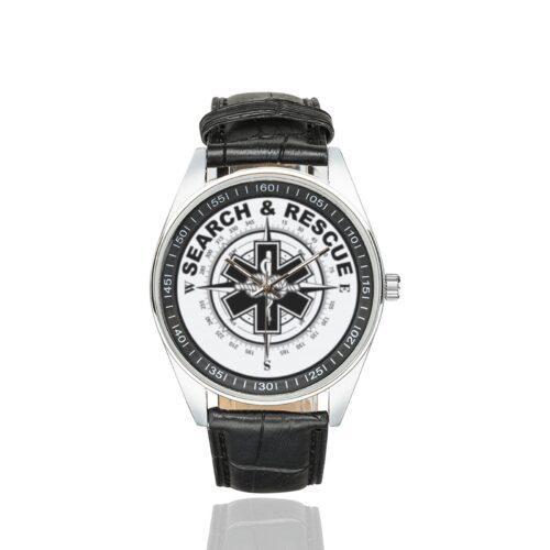 Men's casual watch with a round dial featuring the Search & Rescue emblem, silver-tone case and black leather strap.