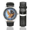 Men's casual watch with a round dial featuring the CORG emblem, silver-tone case and black leather strap, shown with the strap to the side.