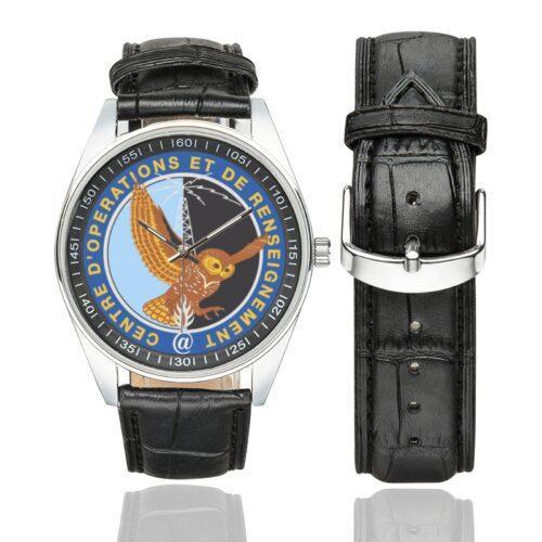 Men's casual watch with a round dial featuring the CORG emblem, silver-tone case and black leather strap, shown with the strap to the side.