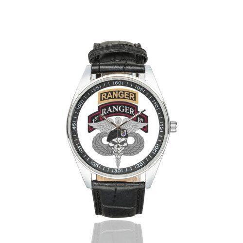 Men's casual watch with a round dial featuring the US Army 1st Ranger Battalion Medic emblem, silver-tone case and black leather strap.