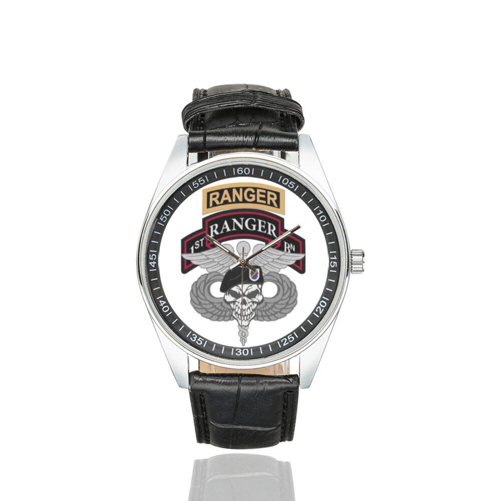 Men's casual watch with a round dial featuring the US Army 1st Ranger Battalion Medic emblem, silver-tone case and black leather strap.