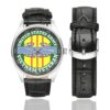 Men's casual watch with a round dial featuring the US Army Combat Infantry Vet Vietnam emblem, silver-tone case and black leather strap, shown with the strap to the side.
