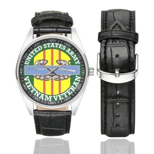 Men's casual watch with a round dial featuring the US Army Combat Infantry Vet Vietnam emblem, silver-tone case and black leather strap, shown with the strap to the side.