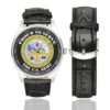 Men's casual watch with a round dial featuring the US Department of the Army Veteran-- emblem, silver-tone case and black leather strap, shown with the strap to the side.