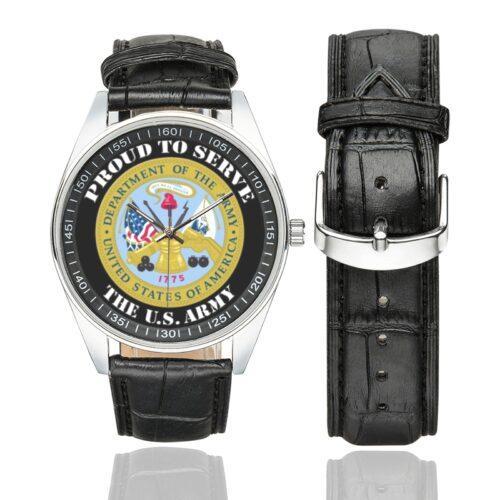 Men's casual watch with a round dial featuring the US Department of the Army Veteran-- emblem, silver-tone case and black leather strap, shown with the strap to the side.