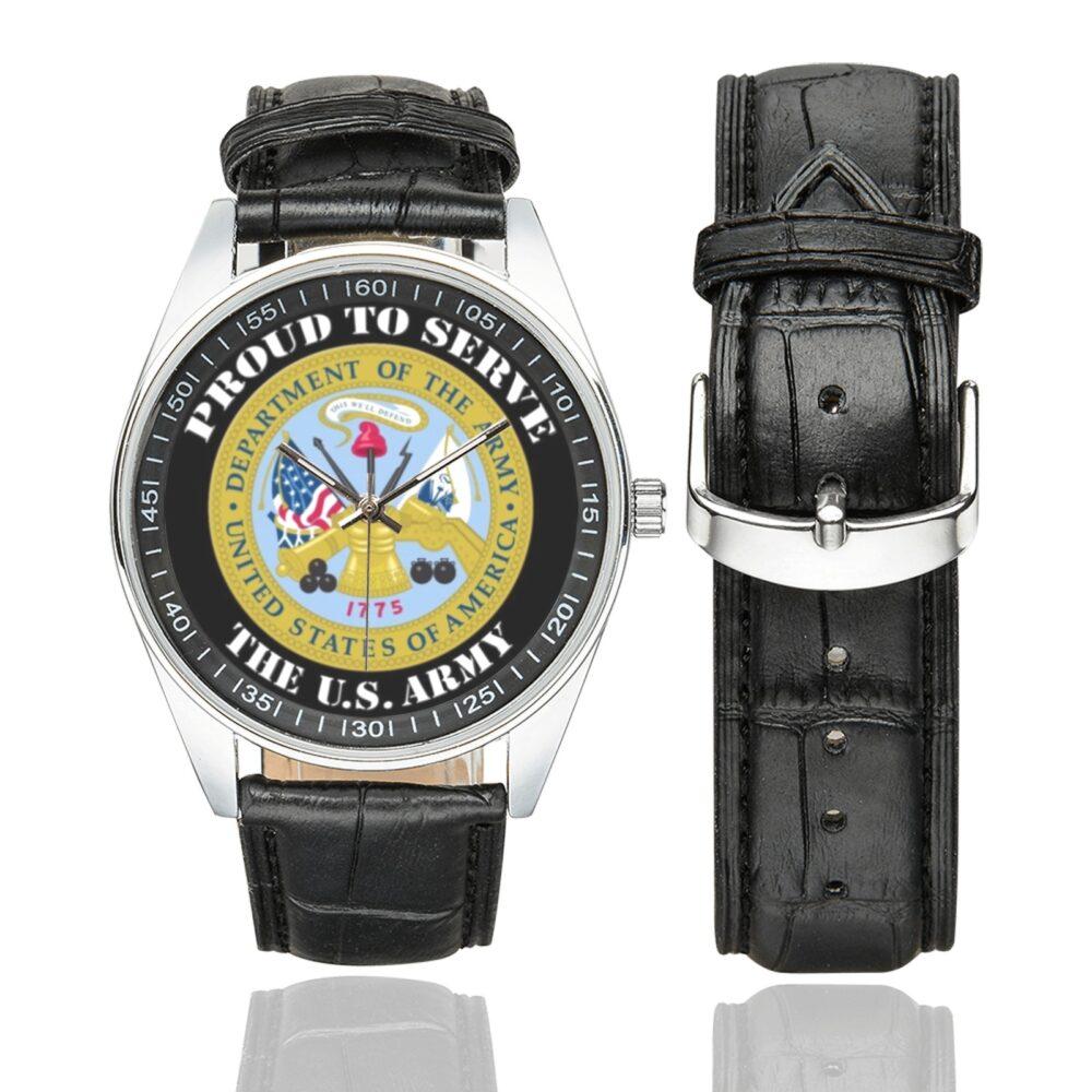 Men's casual watch with a round dial featuring the US Department of the Army Veteran-- emblem, silver-tone case and black leather strap, shown with the strap to the side.