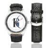 Men's casual watch with a round dial featuring the RG emblem, silver-tone case and black leather strap, shown with the strap to the side.