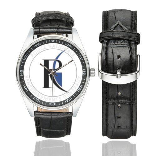 Men's casual watch with a round dial featuring the RG emblem, silver-tone case and black leather strap, shown with the strap to the side.