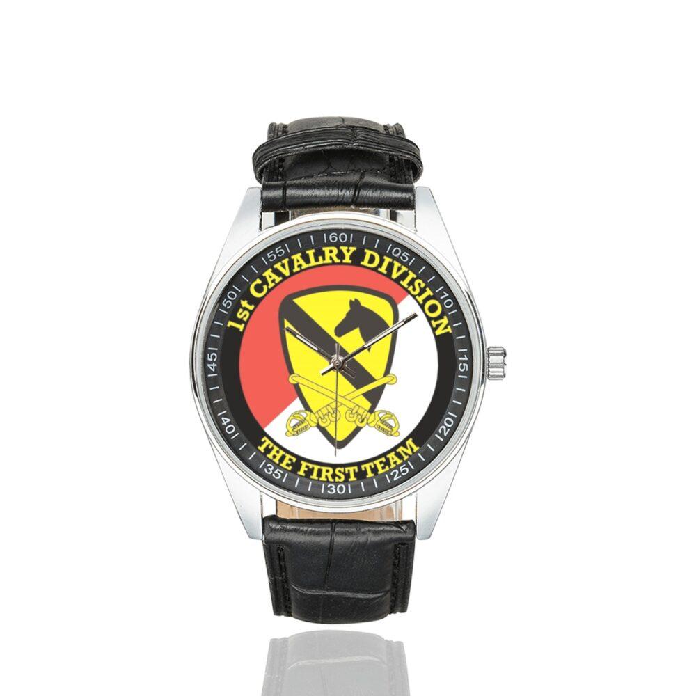 Men's casual watch with a round dial featuring the US Army 1st Cavalry Division Veteran emblem, silver-tone case and black leather strap.