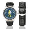Men's casual watch with a round dial featuring the DGGN RH emblem, silver-tone case and black leather strap, shown with the strap to the side.