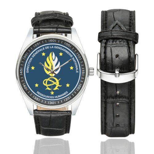 Men's casual watch with a round dial featuring the DGGN RH emblem, silver-tone case and black leather strap, shown with the strap to the side.