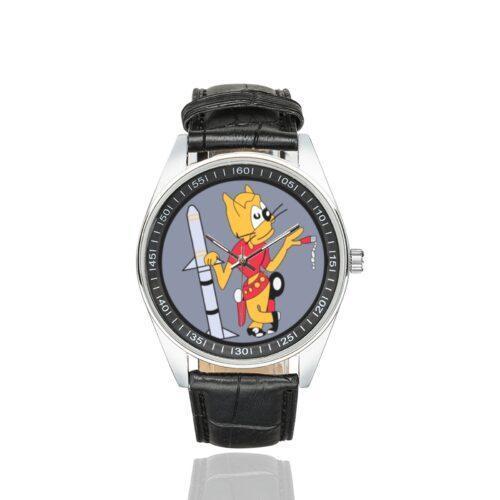Men's casual watch with a round dial featuring the USAF 128th Fighter Squadron emblem, silver-tone case and black leather strap.