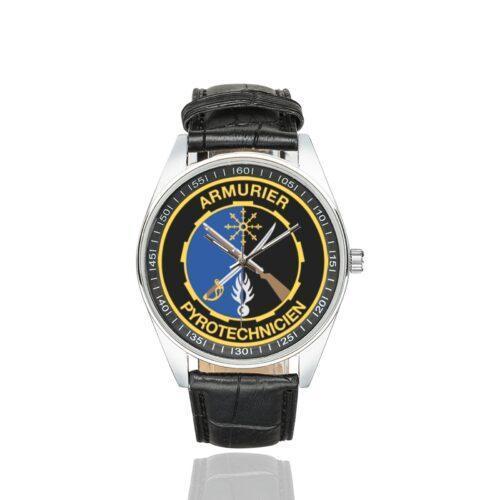 Men's casual watch with a round dial featuring the Gendarmerie Armurier emblem, silver-tone case and black leather strap.