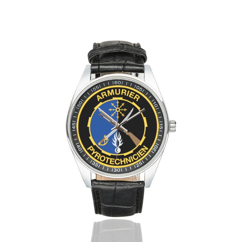 Men's casual watch with a round dial featuring the Gendarmerie Armurier emblem, silver-tone case and black leather strap.