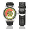 Men's casual watch with a round dial featuring the US Army 2D Armored Cavalry Regiment emblem, silver-tone case and black leather strap, shown with the strap to the side.