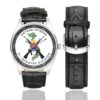 Men's casual watch with a round dial featuring the Vietnam Veteran 9th Infantry Division emblem, silver-tone case and black leather strap, shown with the strap to the side.