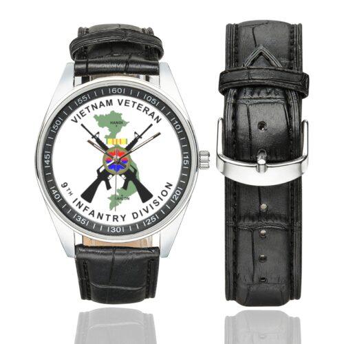 Men's casual watch with a round dial featuring the Vietnam Veteran 9th Infantry Division emblem, silver-tone case and black leather strap, shown with the strap to the side.