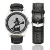 Men's casual watch with a round dial featuring the US 94th Infantry Division emblem, silver-tone case and black leather strap, shown with the strap to the side.